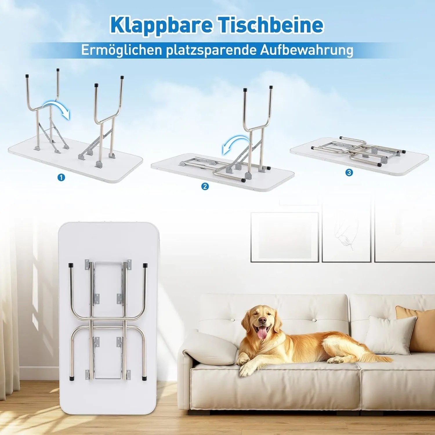 Costway Hundepflegetisch klappbar, mit Netzkorb und Darstellung der Klappfunktion.