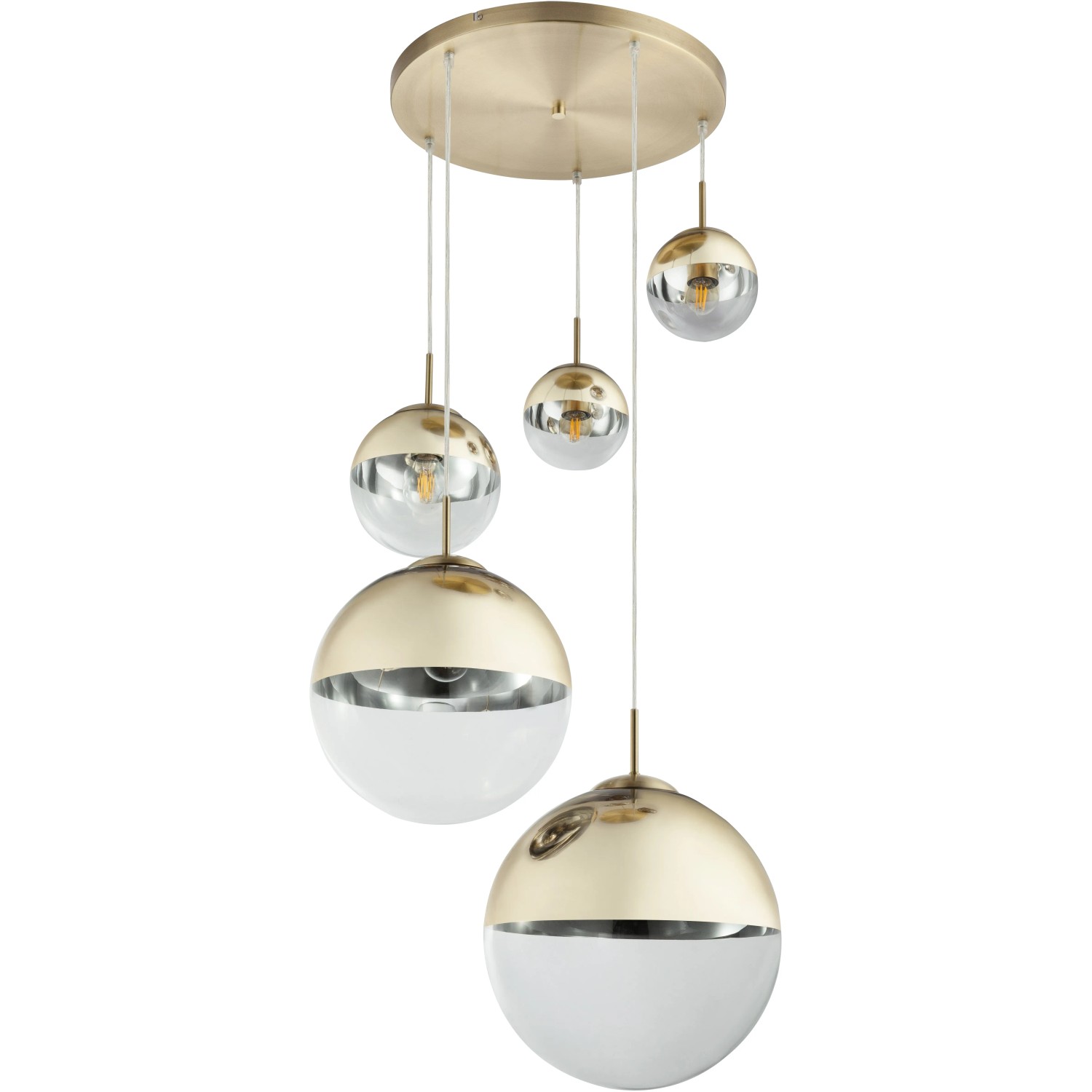 Globo Pendelleuchte Varus, goldfarbig, mit fünf Glasschirmen in Kugelform. Moderne Hängeleuchte.
