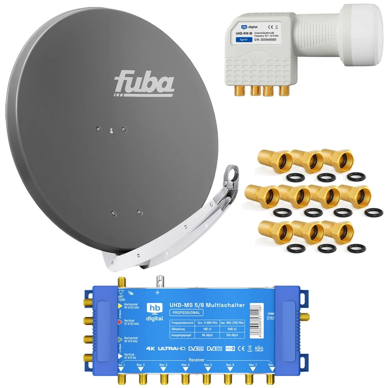 hb-digital Sat Anlage SET Fuba DAA 85cm Alu Anthrazit Multischalter 5-8 LNB Quattro