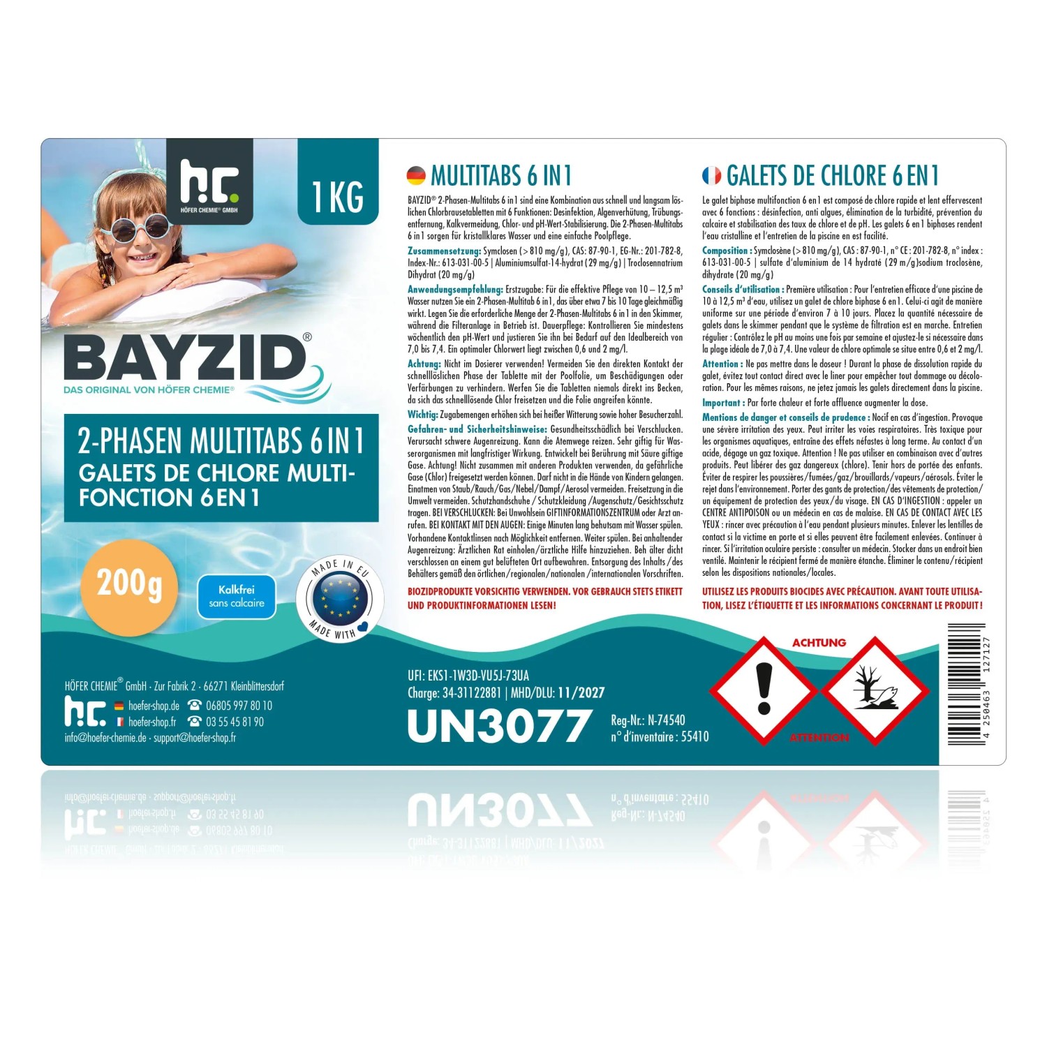 Bayzid 6in1 2-Phasen-Multitabs 1kg für Poolreinigung: Chlortabletten mit Schnell- und Langzeitwirkung.