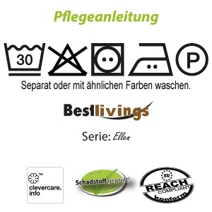 Pflegehinweise für Bestlivings Kissenhülle Ellen: Waschen, nicht bleichen, trocknen, bügeln, chemische Reinigung möglich.