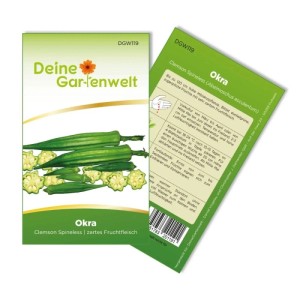 Okra Clemson Spineless Gemüsesamen-Packung mit grünen Okra-Schoten und geschnittenen Früchten für den Garten.