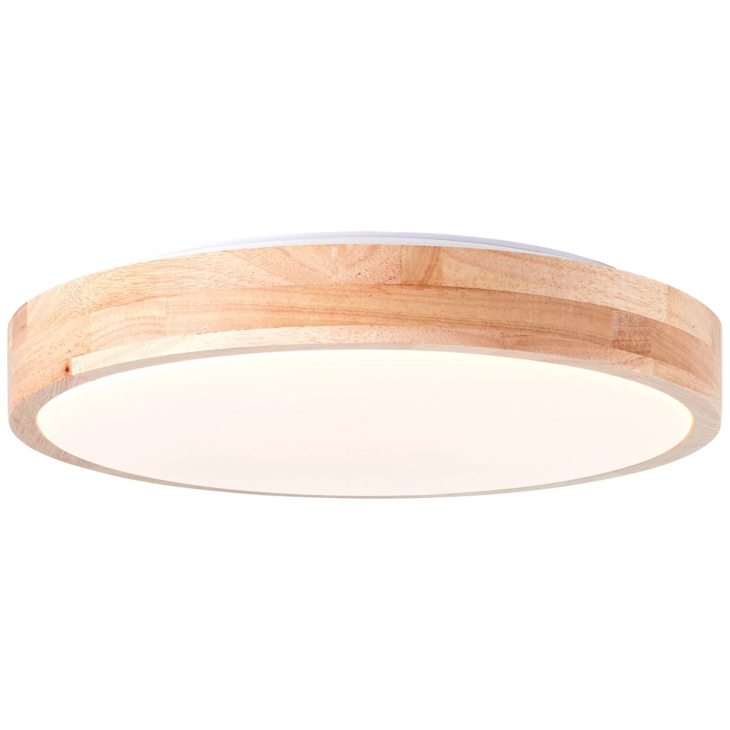 Helle LED-Deckenleuchte Slimline, Ø 34 cm, Holzrahmen, warmweißes Licht.