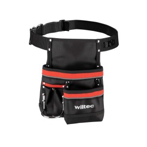 Schwarze Wiltec Werkzeuggürteltasche aus Polyester mit 5 Fächern und roten Akzenten. Verstellbarer Gürtel für Werkzeuge.