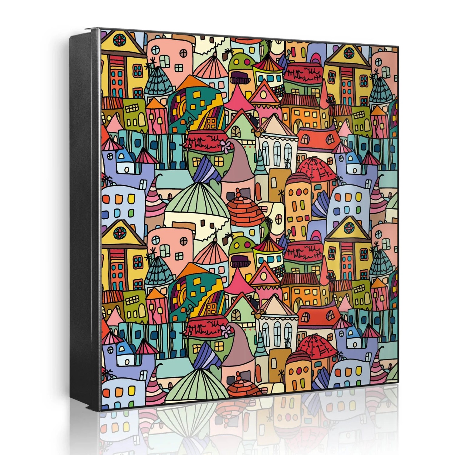 Banjado Großer Schlüsselkasten Metall 30x30cm Schwarz Scharnier Links 50 Haken Beschreibbar Magnetisch Motiv Funky Town