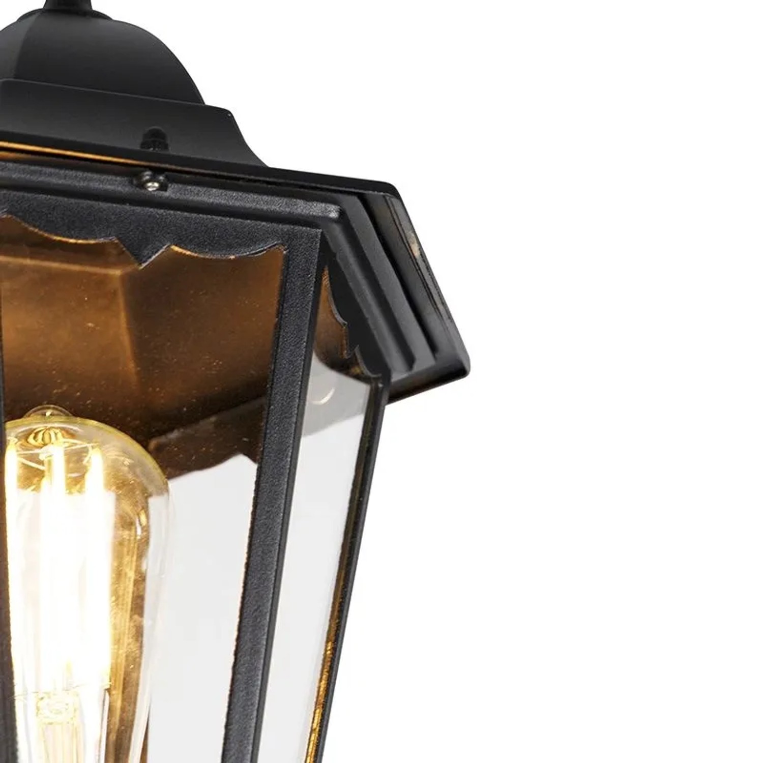 Detailaufnahme der schwarzen QAZQA Außenlaterne Havanna, 3-flammig, mit klarem Glas.