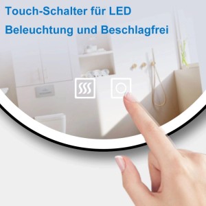 Hand bedient Touch-Schalter am runden Badspiegel mit schwarzem Rahmen für dimmbare LED Beleuchtung und Beschlagfrei-Funktion.