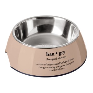 Beiger Hunter Melamin-Napf Luton, 160 ml, mit Edelstahleinsatz und "Hangry" Aufdruck.