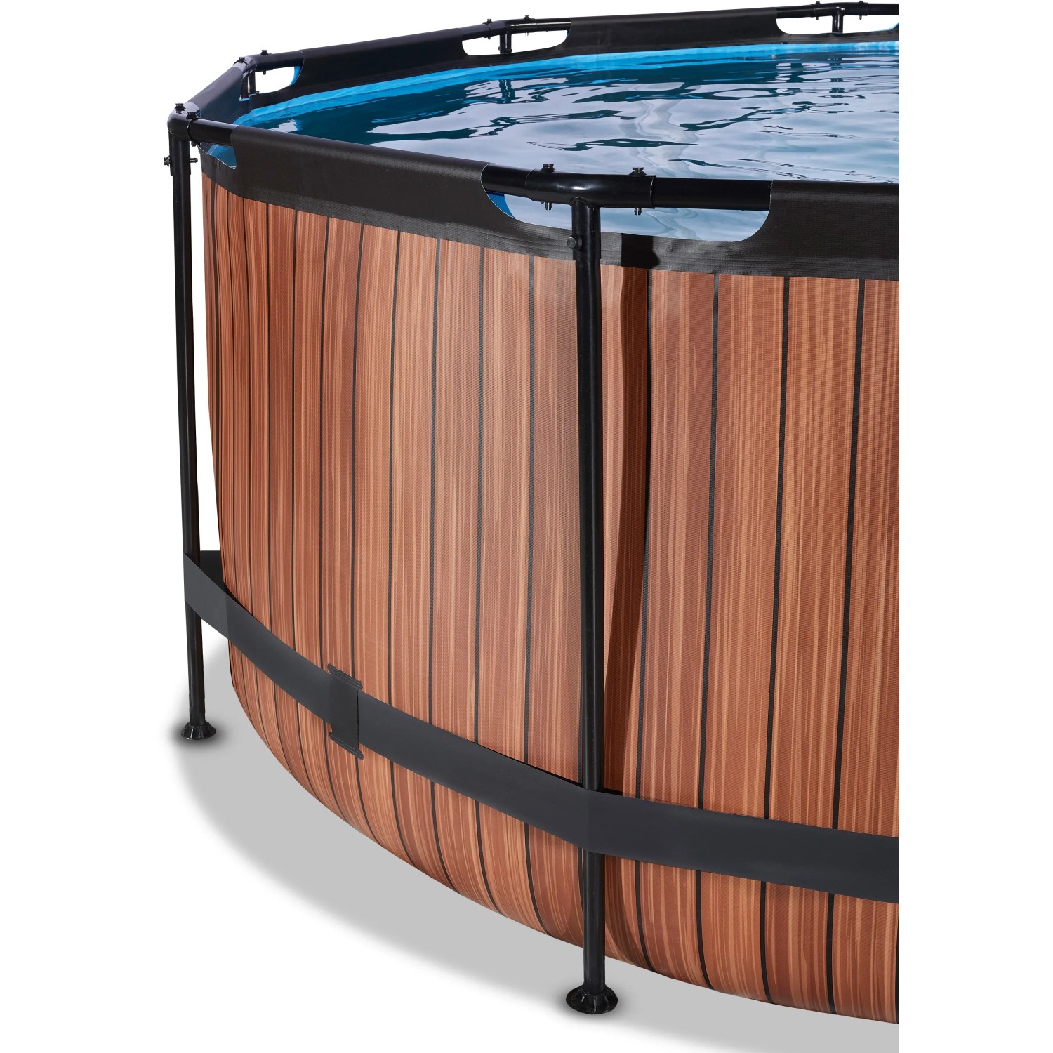 Detailansicht des runden EXIT Wood Pools Ø360x122cm in Braun mit Stahlrahmen und Poolabdeckung.