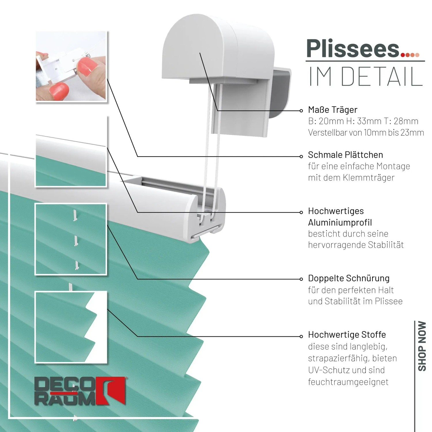 Detailansicht: Türkisfarbenes Plissee 90x210 cm mit Klemmfix-System zur einfachen Montage ohne Bohren.