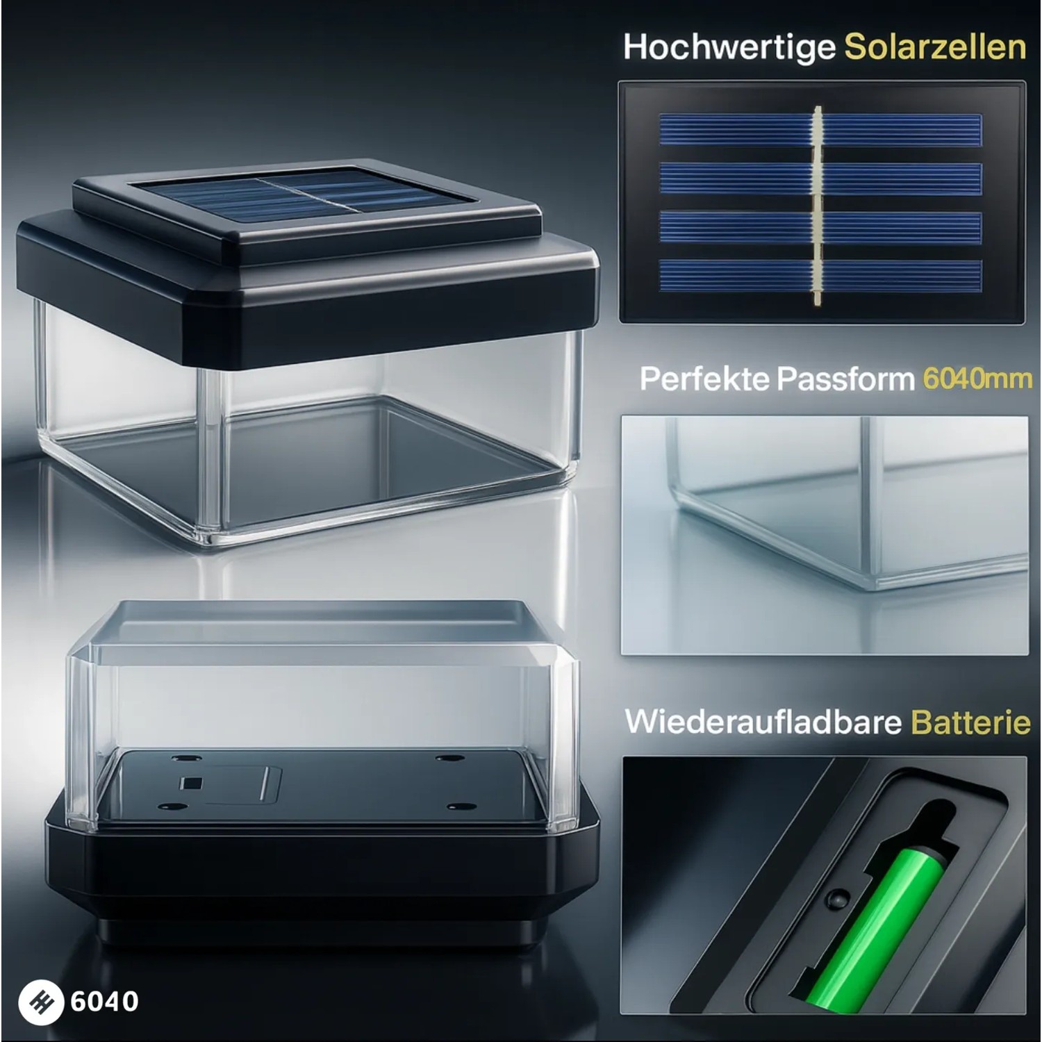 6040 Solar Zaunleuchte LED, schwarz, transparent, mit Solarpanel und Akku. Ideal für 60x40mm Zaunpfosten.