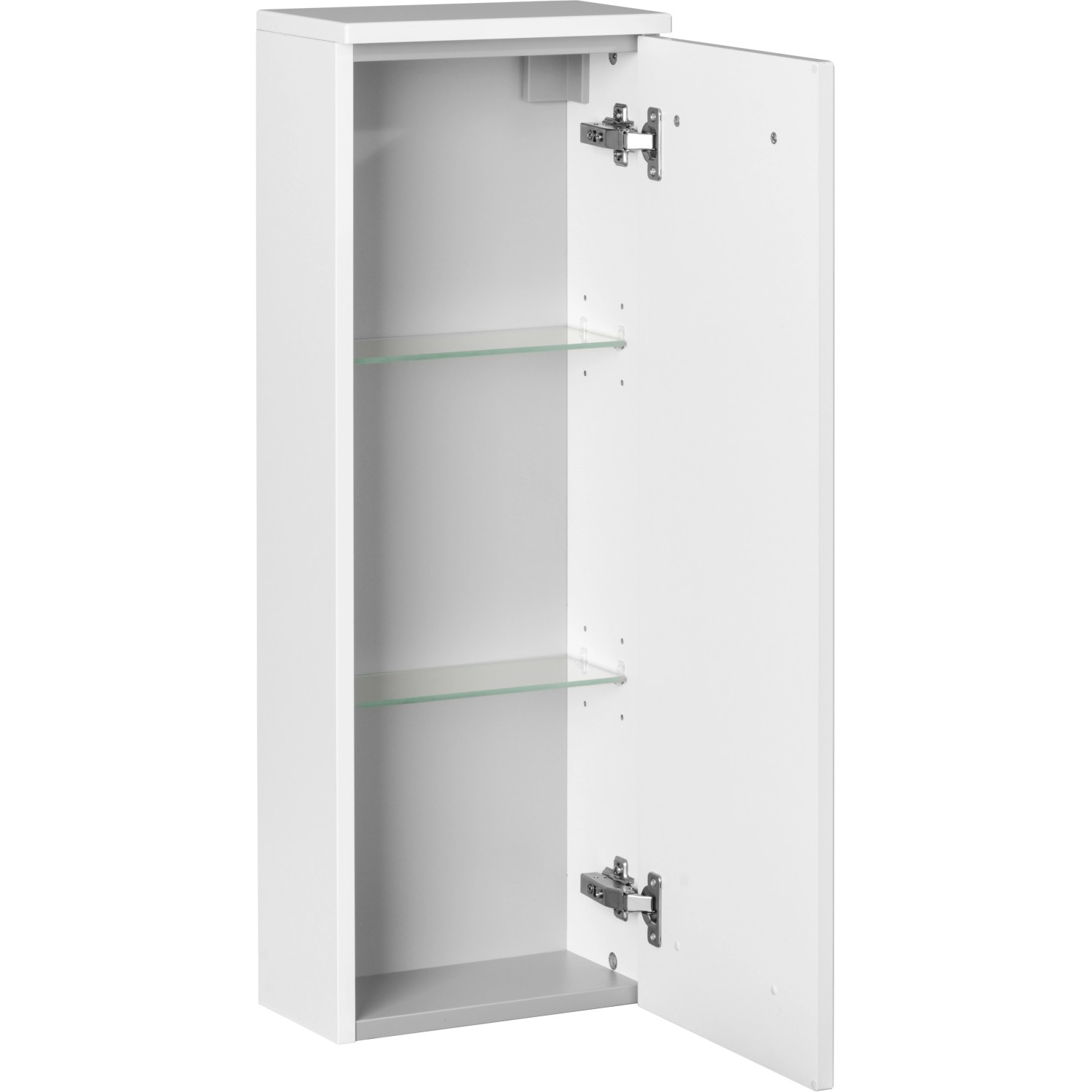 Offener Fackelmann Bad-Hängeschrank SBC, weiß matt, mit zwei Glasböden. Badmöbel für mehr Stauraum.