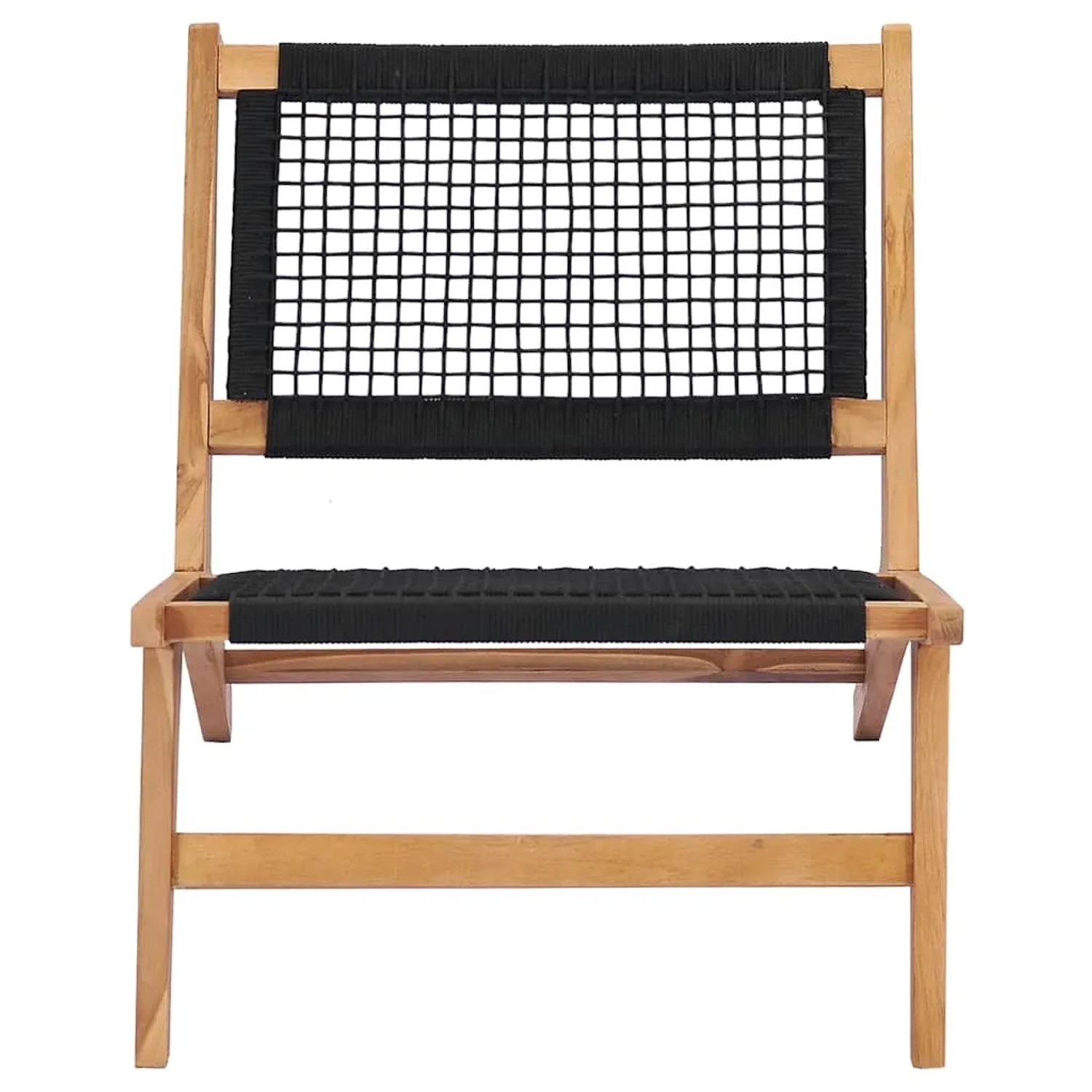 Sonnenliege aus Teakholz mit Fußablage und schwarzem Seilgeflecht.