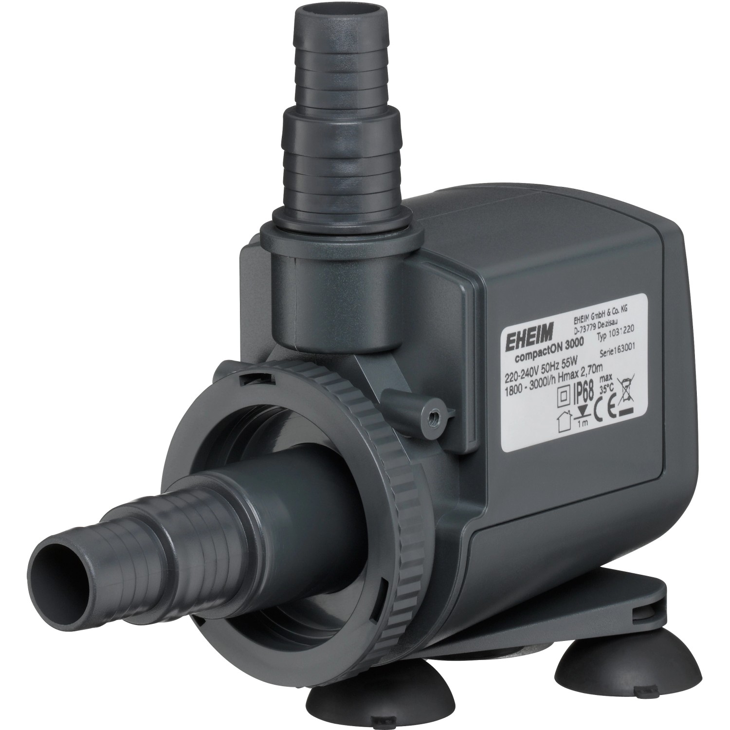 Eheim Aquarium-Pumpe CompactON 3.000, graue Aquariumpumpe mit Zubehör für Süß- und Meerwasser.