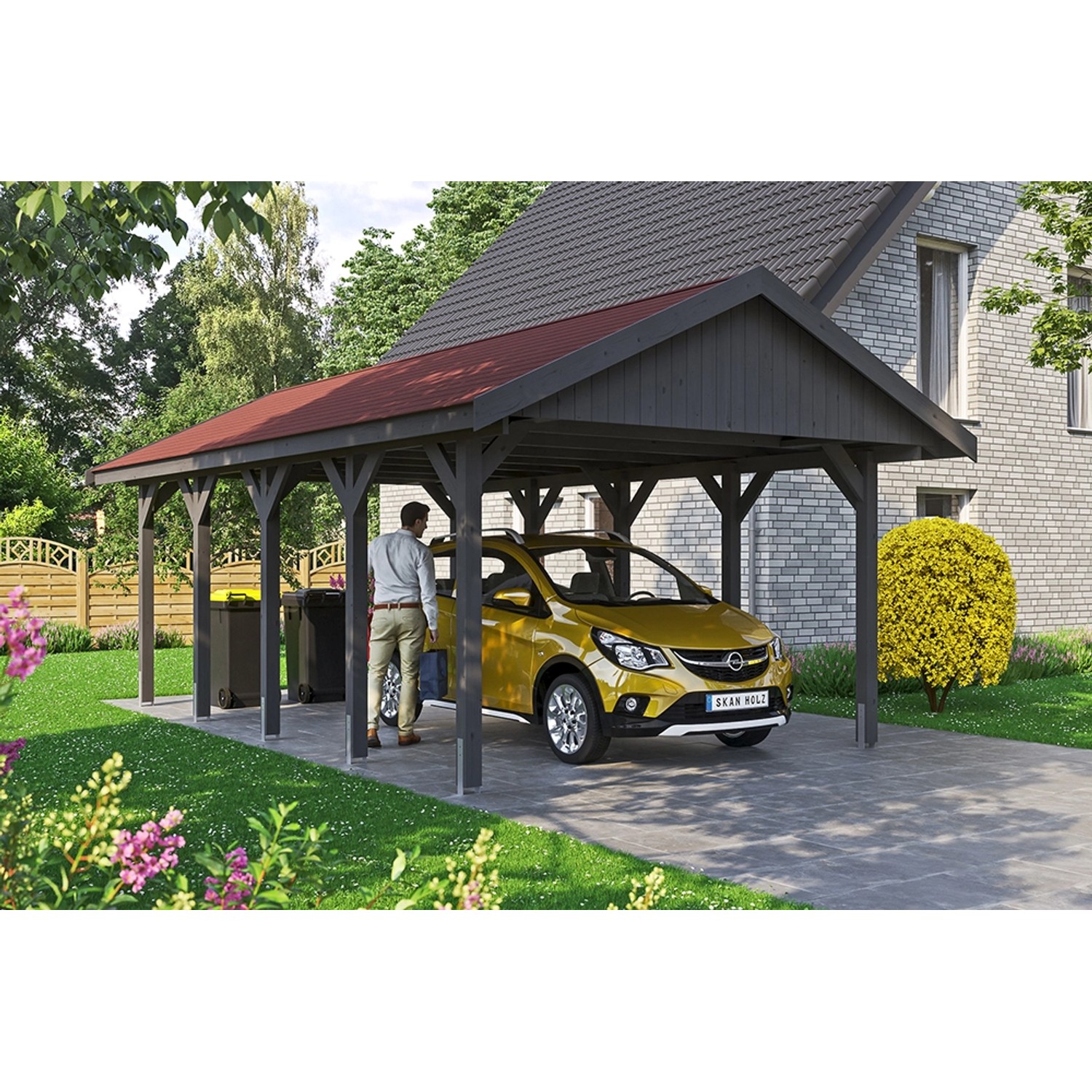 Satteldach-Carport Wallgau Schiefergrau 430 x 750 cm rote Schindeln günstig online kaufen