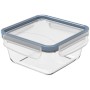 Rotho Kühlschrankdose Clic & Lock Glas, 0,75l, Horizontblau. Quadratische Vorratsdose aus Glas mit blauem Deckel.