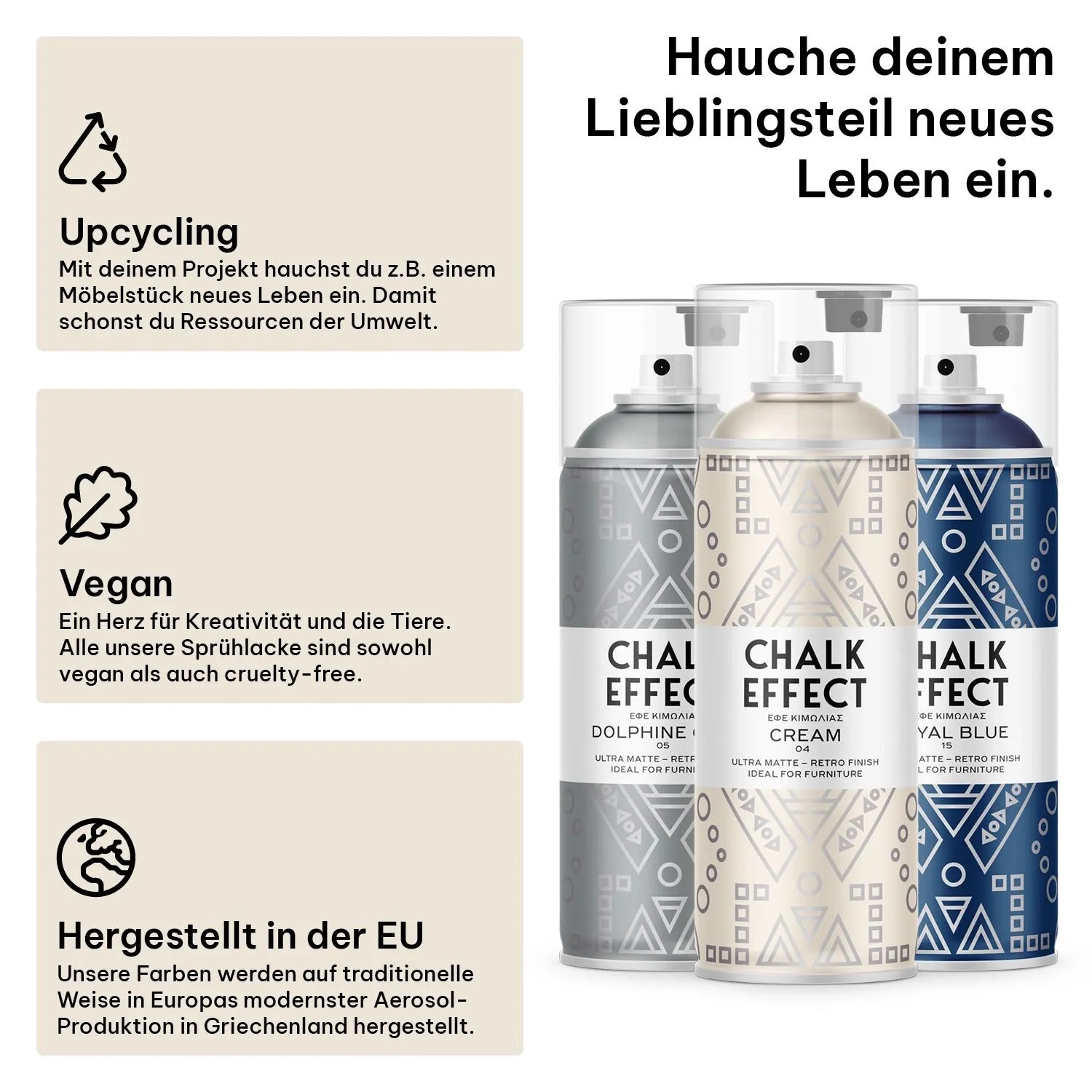 Drei Dosen COSMOS LAC Kreidefarbe Spray Chalk Effect in Grau, Creme und Blau.