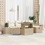 Beiges 7-teiliges vidaXL Garten-Sofa-Set aus Poly Rattan mit Tisch und Auflagen.