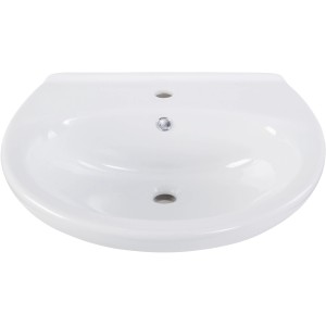 Weißes AquaSu Aveiro Handwaschbecken, 65 cm breit, mit Überlauf und Ablagefläche.