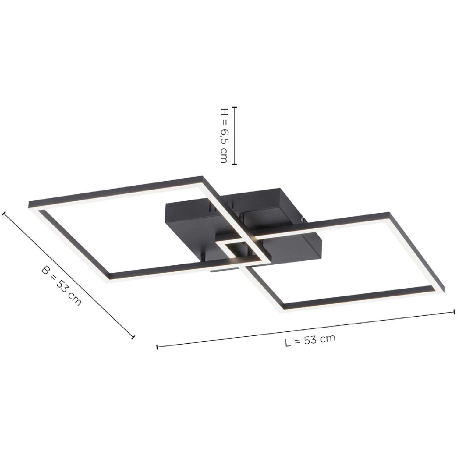 Moderne, schwarze LED-Deckenleuchte Iven (53x53 cm) mit zwei Quadraten und CCT-Lichtsteuerung.