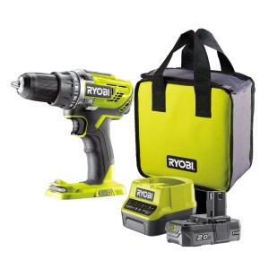 Ryobi Akku-Bohrschrauber R18DD3-120S Set mit Akku, Ladegerät und Tasche.