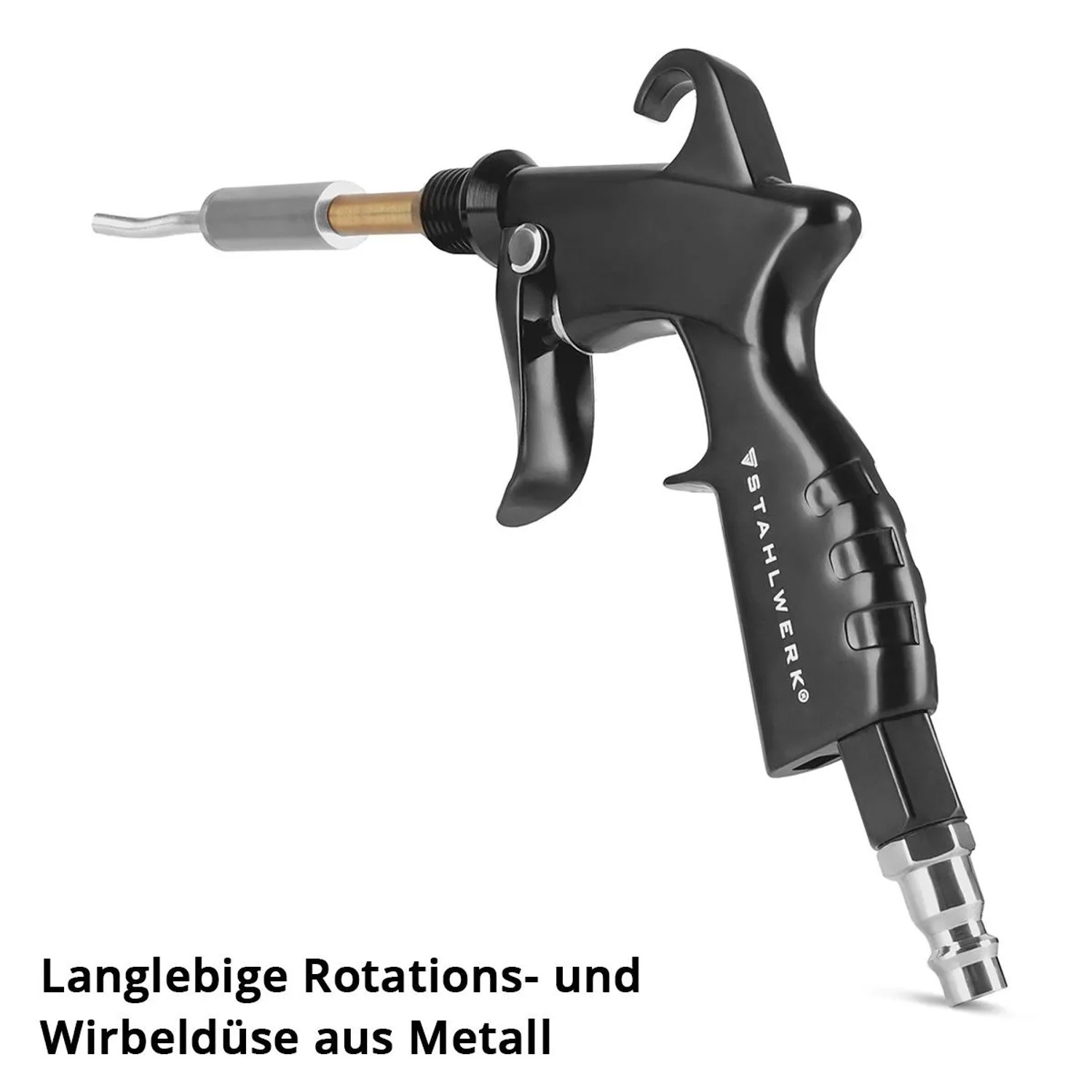 Schwarze STAHLWERK Trockenreinigungspistole mit Metallrotationsdüse und Tornadoeffekt für Kompressoren.