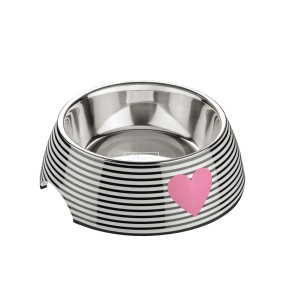 Hunter Hundenapf Biri, weiß-schwarz gestreift mit Herz, 700ml. Melamin-Napf mit Edelstahleinsatz.