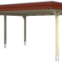 Skan Holz Doppelcarport Wendland Nussbaum mit roter Blende und EPDM-Dach.