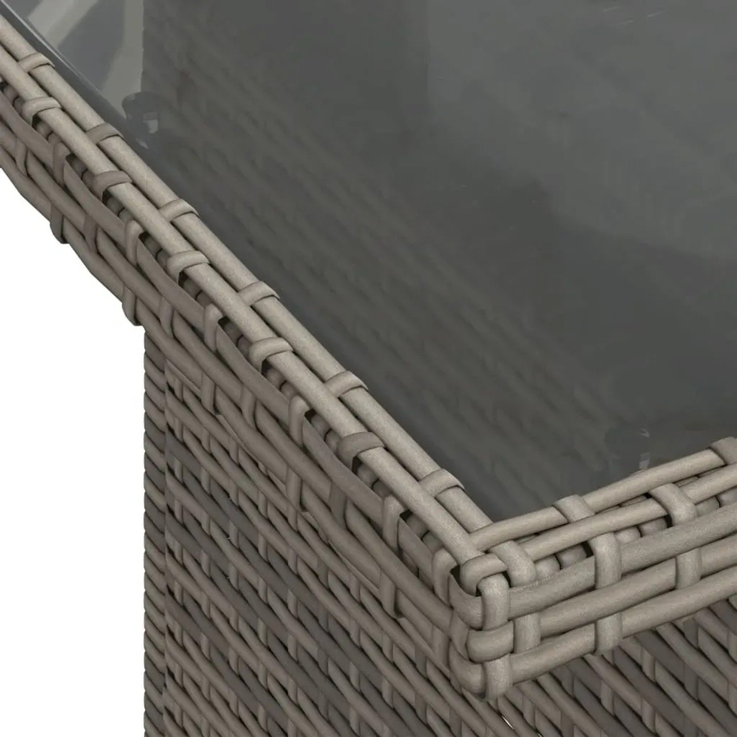 Detailansicht: Grauer vidaXL Gartentisch mit Poly Rattan und Glasplatte, Teil der Sofagarnitur.