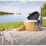 Finntherm Badefass Stockholm Thermoholz mit Whirlpool und Ofen, Ø 180 cm. Holzpool mit Treppe und Minibar.