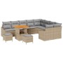 Beiges 12-tlg. vidaXL Garten-Sofa-Set aus Poly Rattan mit Tisch und grauen Kissen.