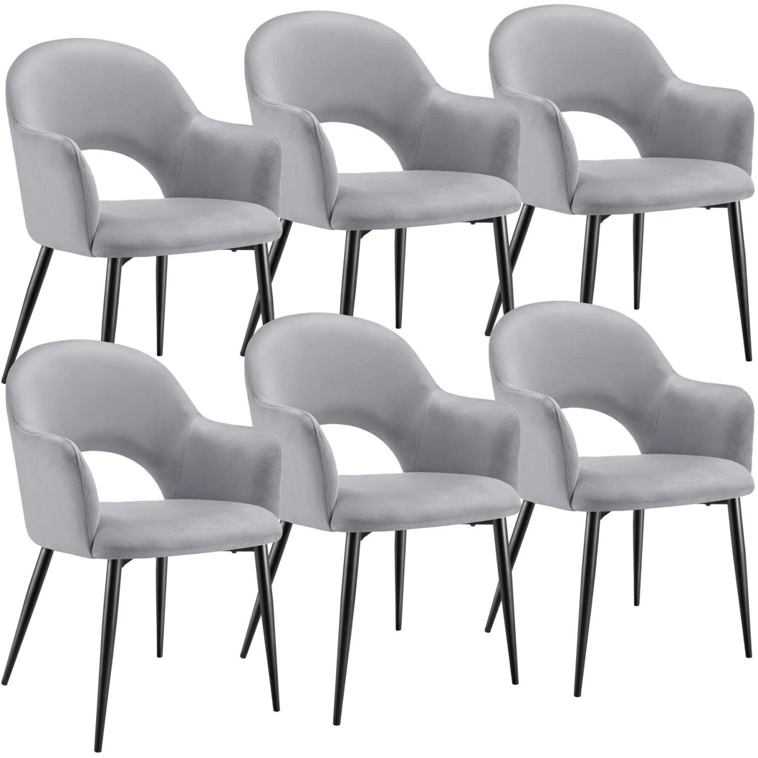 Tectake Armlehnstuhl Sachel In Samtoptik  Gepolstert Durchgehende Lehne 6Er Set 61 50 x 57 x 87 50 cm Hellgrau