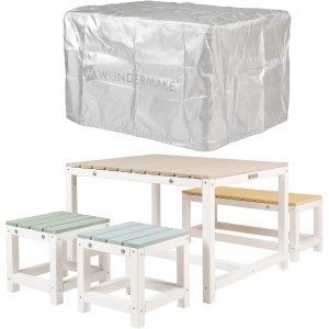 WONDERMAKE Kindersitzgruppe 'sedensa1' mit Tisch, Bank, Hocker und Abdeckung. Möbel aus Holz in Pastellfarben.