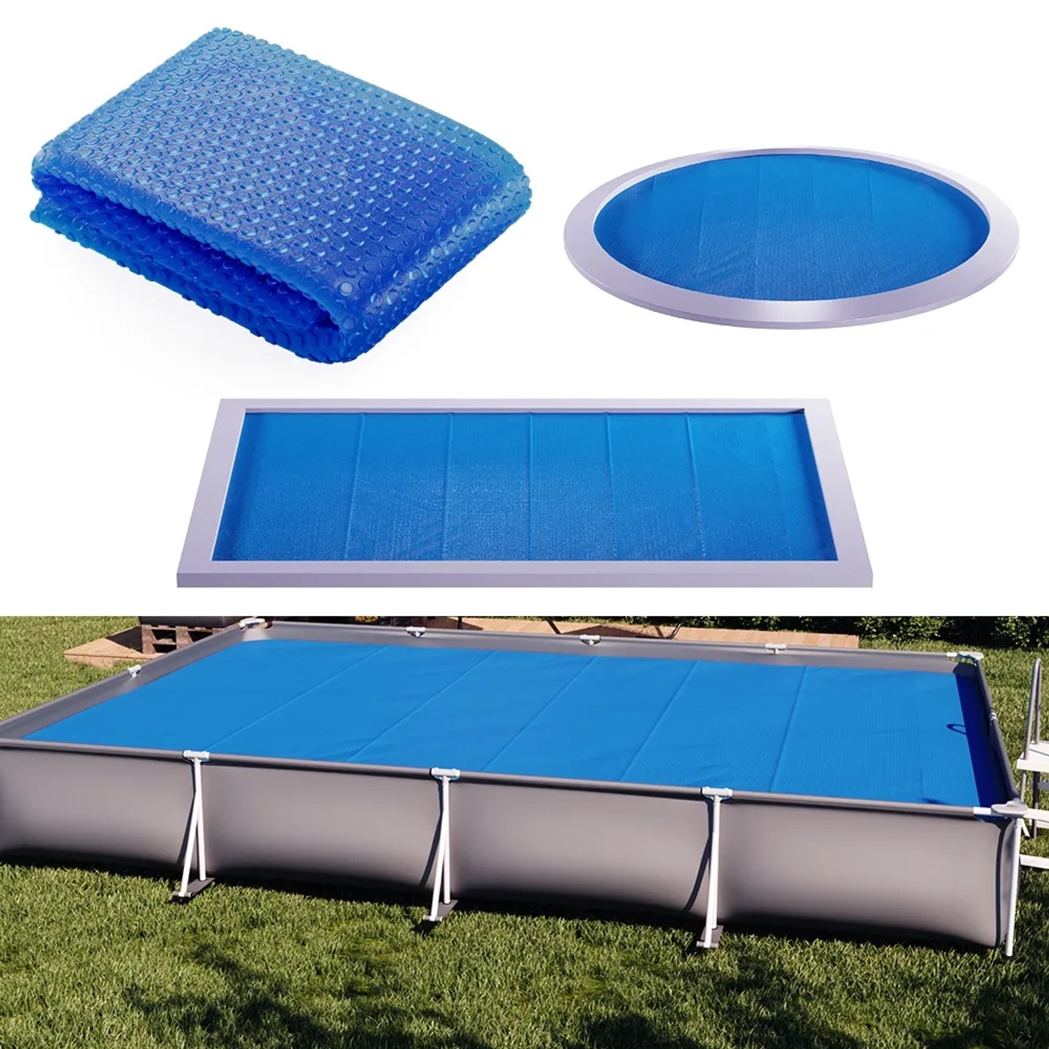 Blaue OK-Living Solarfolie als Pool Abdeckung für verschiedene Poolformen.