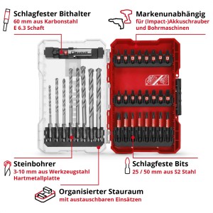 Einhell Impact-Bit-Set, 33-teilig mit Bits, Steinbohrern und Aufbewahrungsbox.