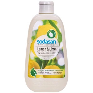 Sodasan Handgeschirrspülmittel Lemon & Lime 500 ml, weiße Flasche mit Etikett, das frische Zitronen und Limetten zeigt.