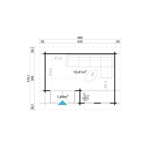 Grundriss Lasita Maja Gartenhaus Hampshire, 420x300 cm, Schwedenrot, mit Maßen und Flächenangaben.