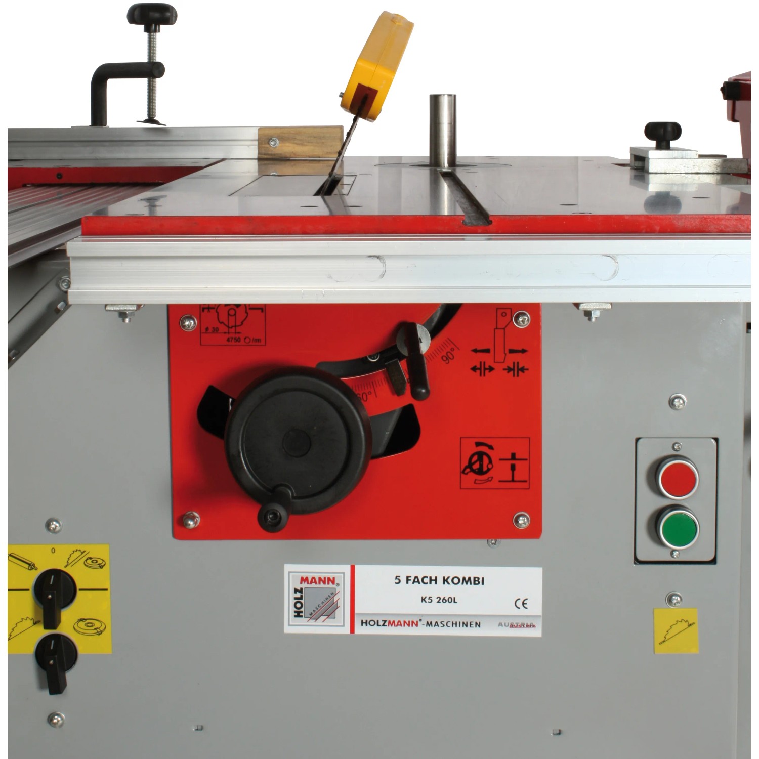 Detailansicht der Holzmann 5-fach Kombimaschine K5260L, Hobel & Fräse mit Bedienelementen.