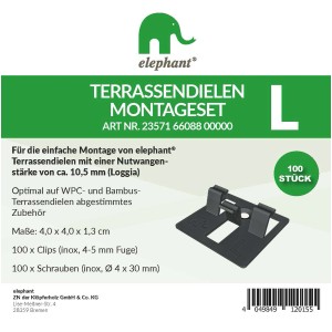 elephant® Montageclips für Loggia Terrassendielen, 100er Set, schwarz, für unsichtbare Terrassenmontage.