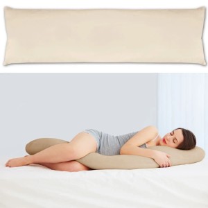 Bestlivings Seitenschläferkissenhülle 40x140 cm Beige, mit Frau im Bett.