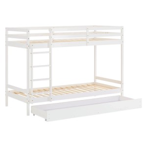 Weißes Homestyle4u Etagenbett 90x200 cm aus Holz mit Leiter, Sicherheitsumrandung und ausziehbarem Bettkasten.