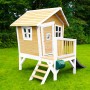 Axi Robin Spielhaus aus Holz in Braun-Weiß mit grauer Rutsche, Leiter und Veranda.