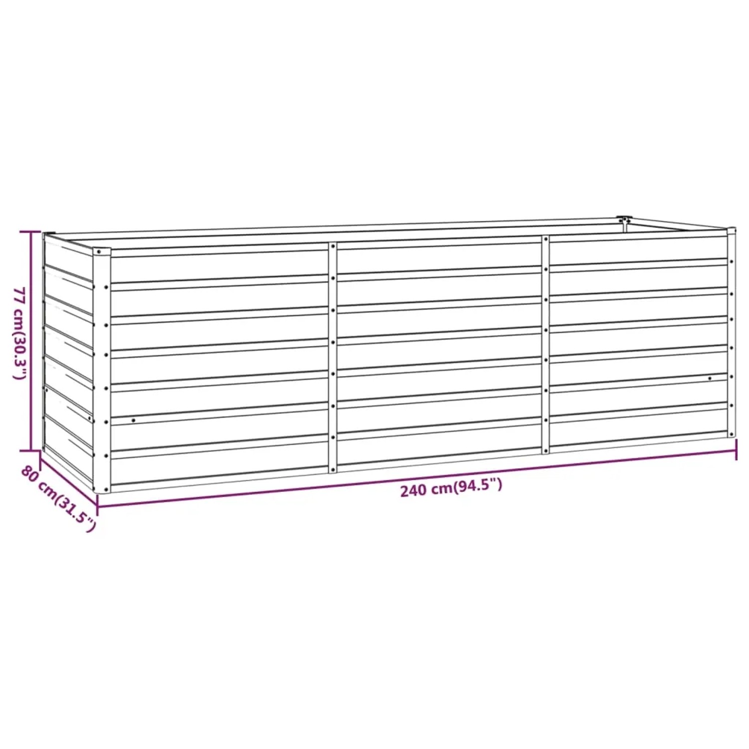 Rechteckiges, rostfarbenes vidaXL Hochbeet aus Cortenstahl, 240x80x77 cm.