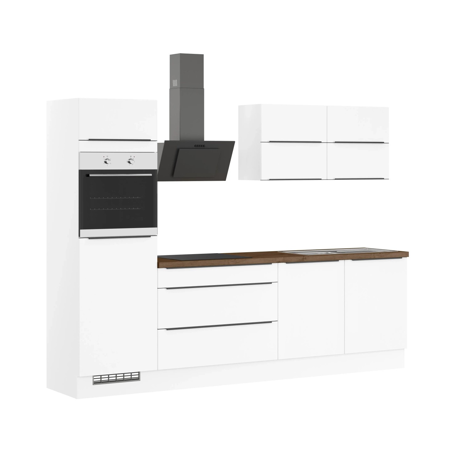 Impuls Küchenzeile IBZ4280S6, 280 cm, Weiß, ohne E-Geräte. Einbauküche mit Hängeschränken und Eiche-Arbeitsplatte.