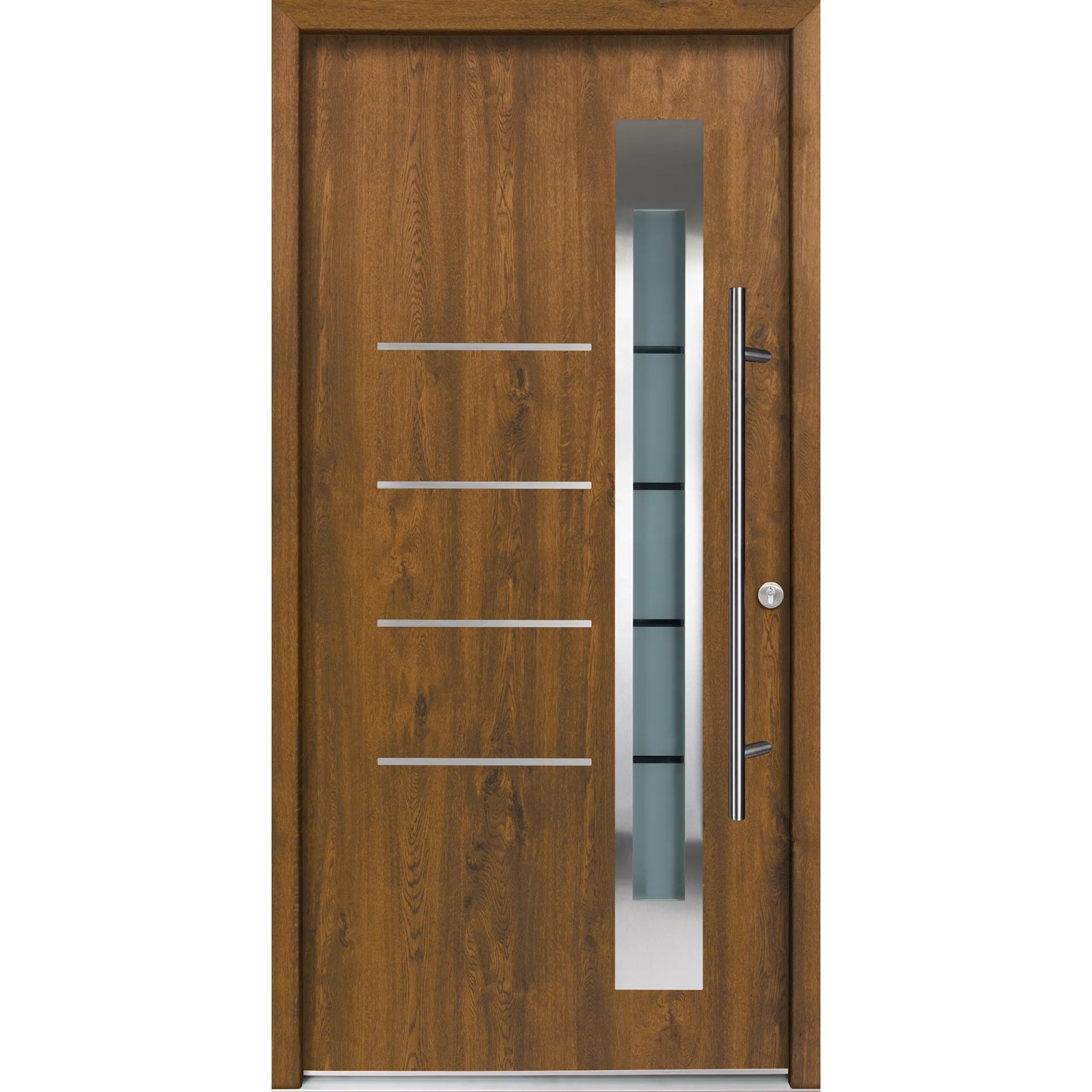 Splendoor Haustür Berlin Prime in Nussbaum mit Edelstahl-Applikationen und Glasausschnitt.