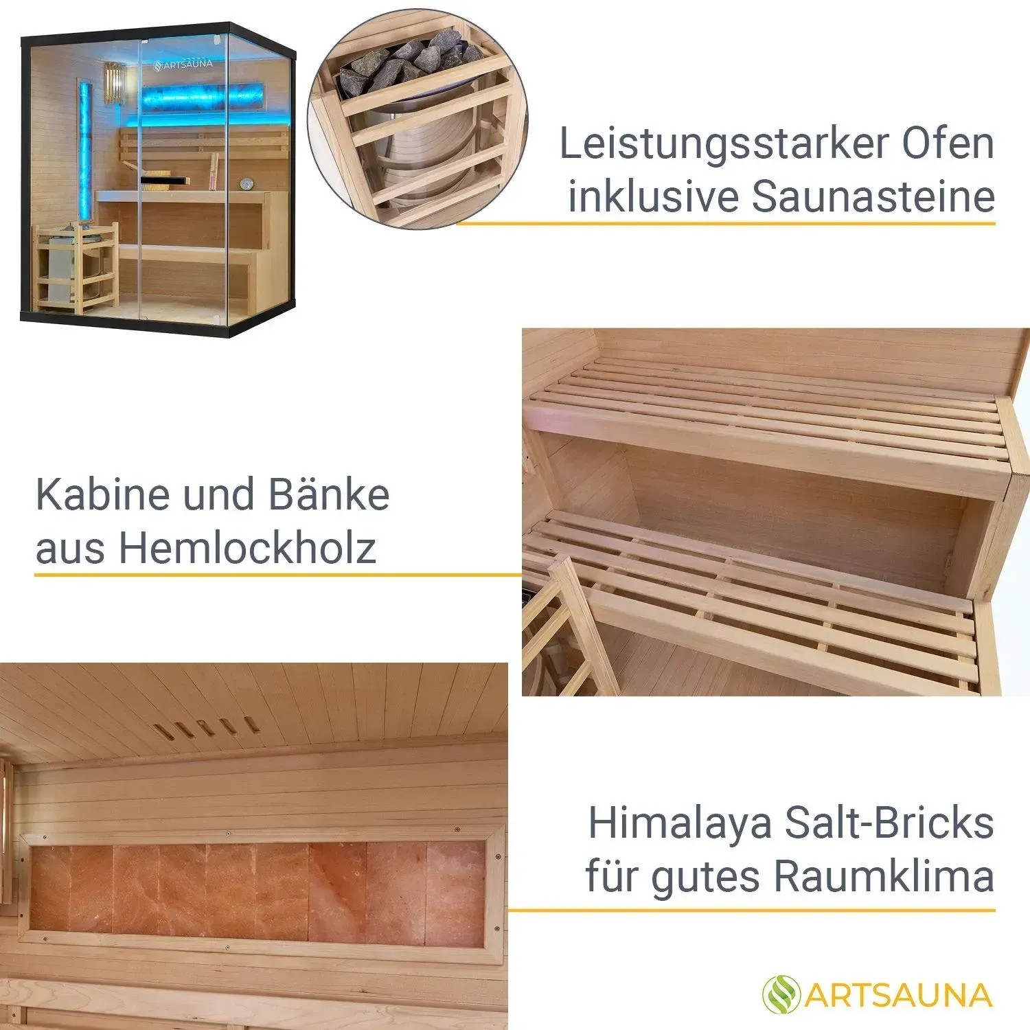 Artsauna Vantaa Sauna 150x140cm: Hemlockholz Kabine mit Ofen, Steinen, Salzsteinen und Bänken.
