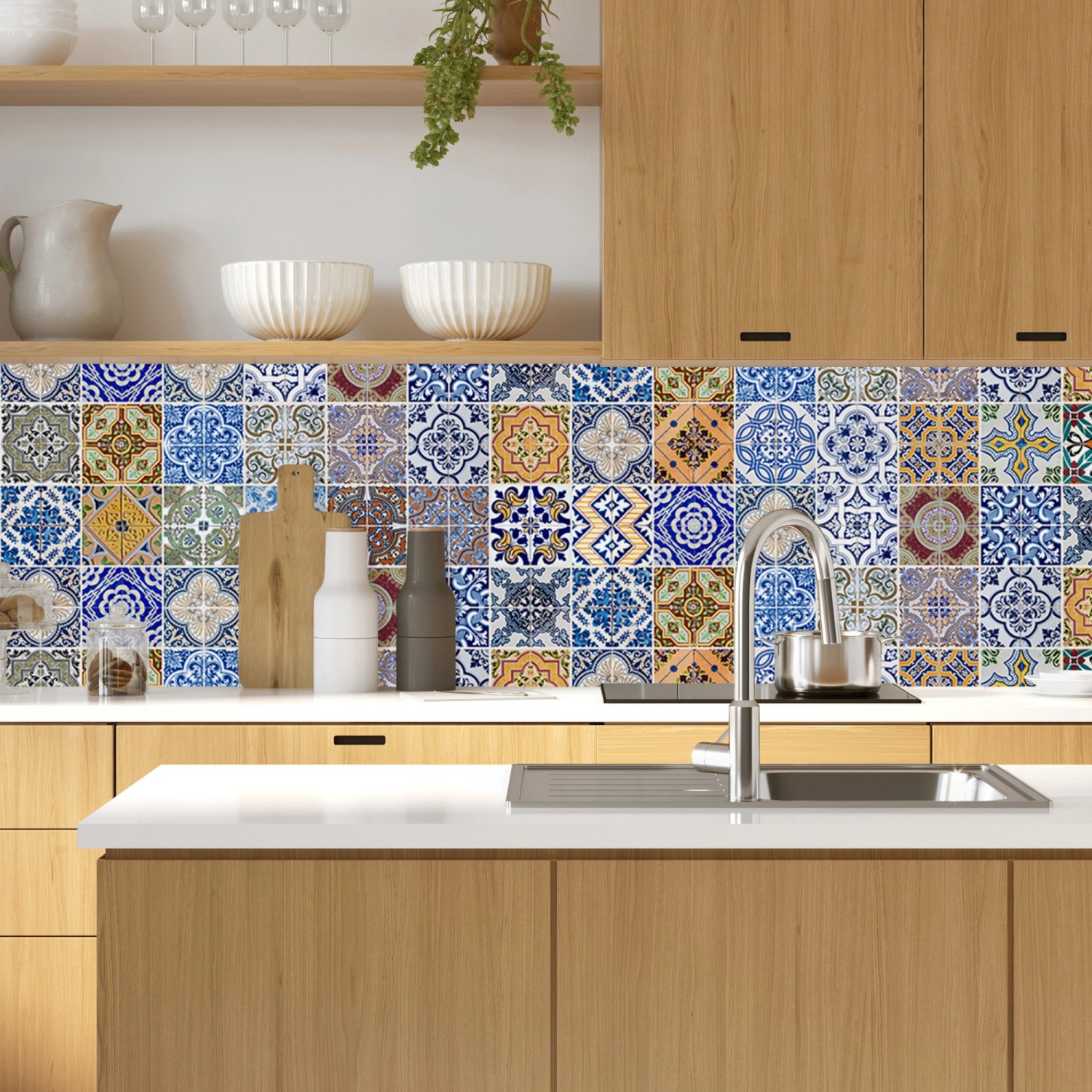 MySpotti Küchenrückwand Profix Cucina Pablo Fliesen, blau-gelbes Fliesendesign, 100x60 cm.