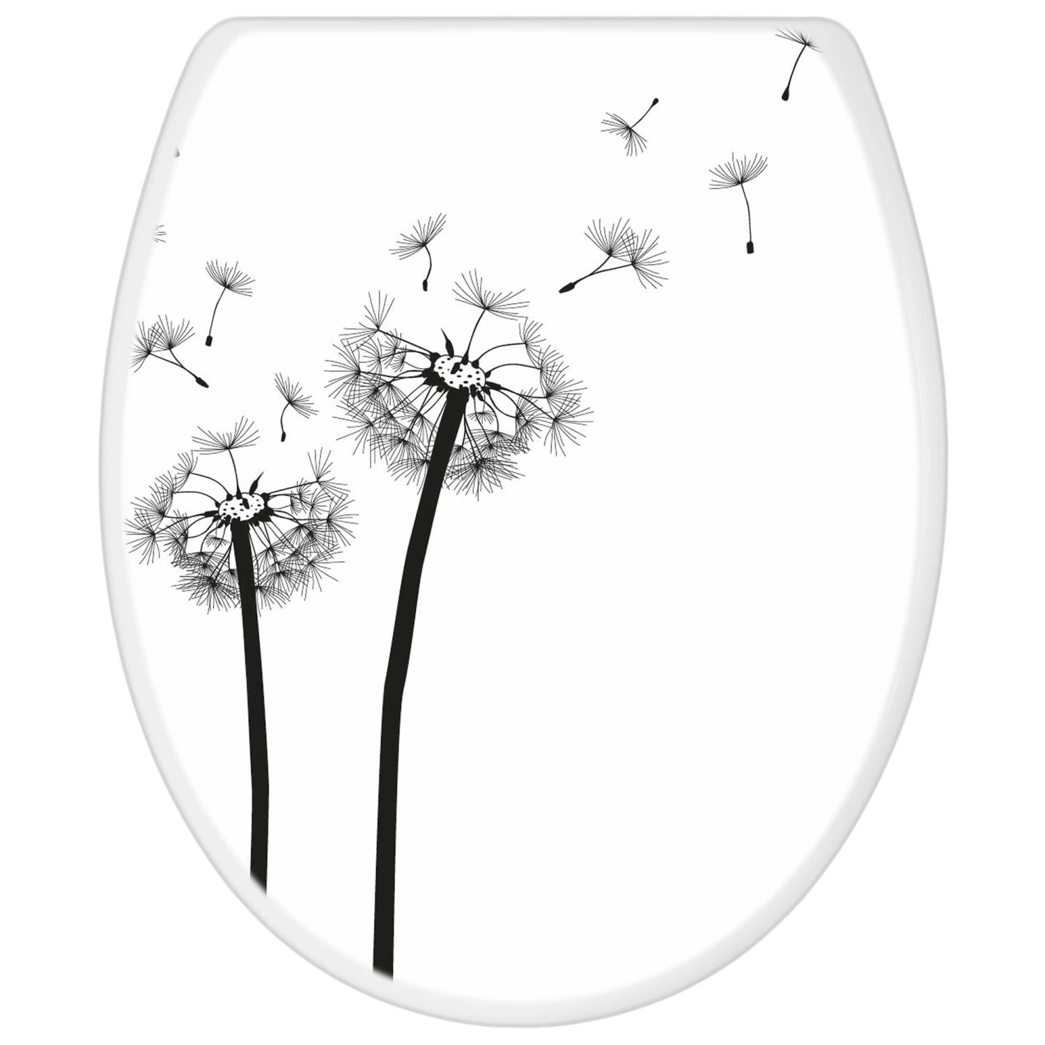 Weißer WC-Sitz mit Absenkautomatik und Pusteblumen Motiv von Banjado.