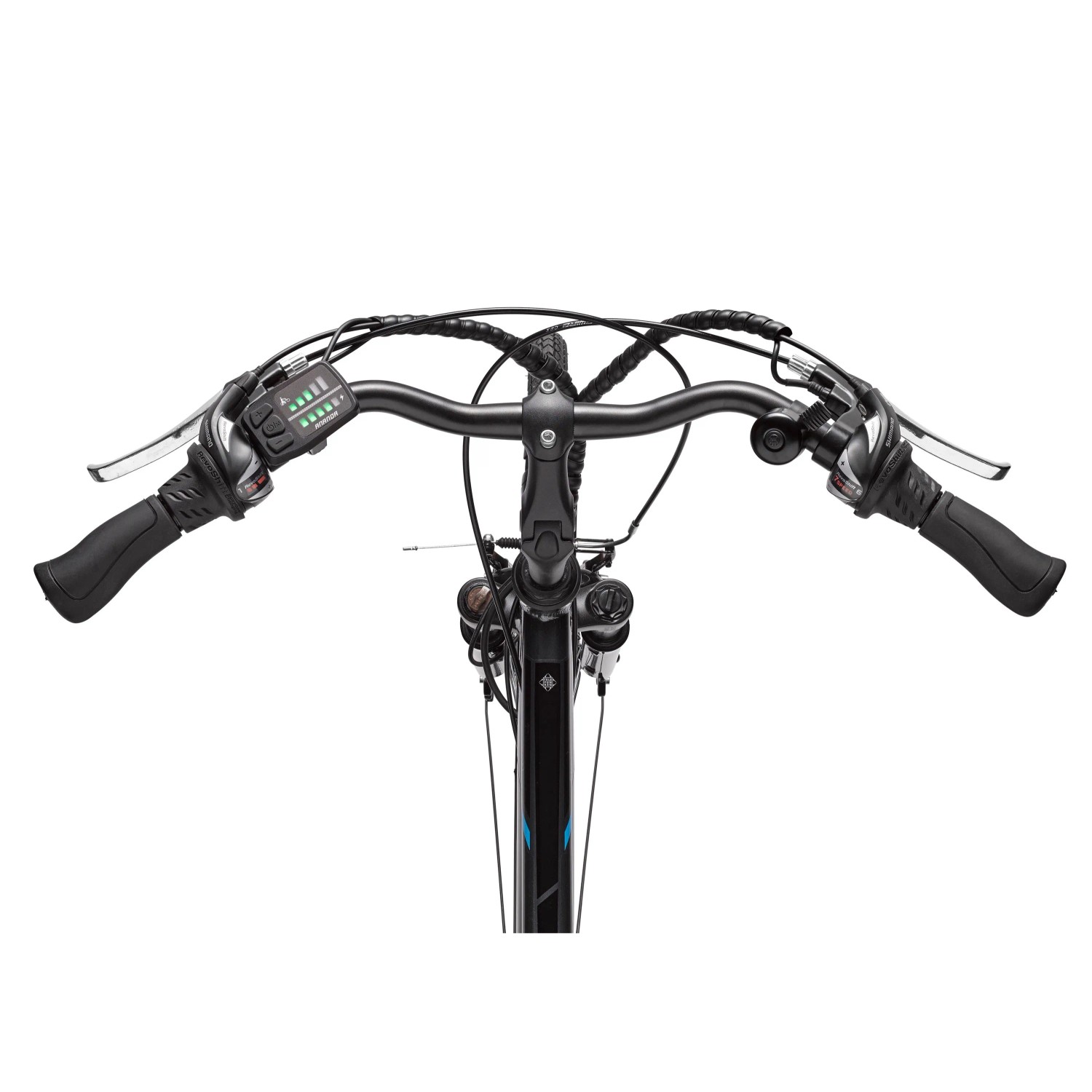 Telefunken E-Bike: Lenkeransicht mit Display, Bremshebeln und ergonomischen Griffen.