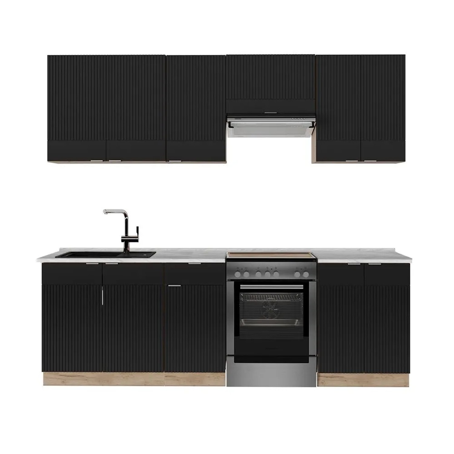 Vicco Fame-Line Küchenzeile Schwarz Gestreift Goldkraft Eiche 240 cm ohne Arbeitsplatte ohne E-Geräte